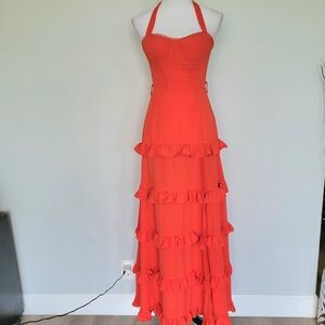 Red Halter Ruffle Maxi Front Slit Party Tiered Formal Maxi Dress Size Small